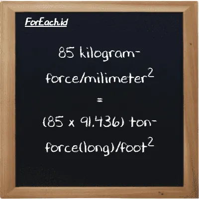 How to convert kilogram-force/milimeter<sup>2</sup> to ton-force(long)/foot<sup>2</sup>: 85 kilogram-force/milimeter<sup>2</sup> (kgf/mm<sup>2</sup>) is equivalent to 85 times 91.436 ton-force(long)/foot<sup>2</sup> (LT f/ft<sup>2</sup>)